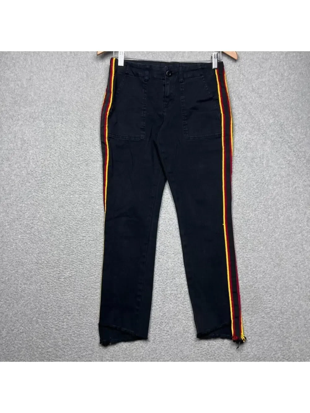 Pam & Gela Racing Stripe Step Hem Jeans Black Red Yellow Side Stripe Womens 25